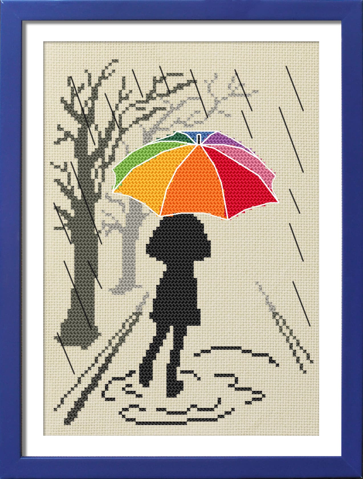 Walk in the Rain Digital Cross Stitch Pattern Colorful | Etsy