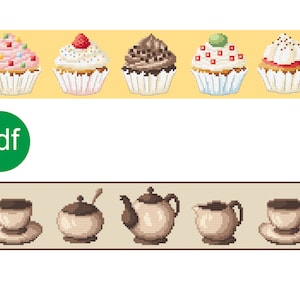 Könnte beinhalten: Kreuzstichmuster mit sechs Cupcakes mit verschiedenen Toppings und einer Reihe von Teetassen, einer Teekanne und einem Milchkännchen. Das Muster ist in der oberen linken Ecke mit "pdf" gekennzeichnet.