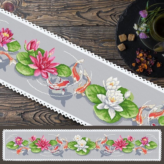 Floral Cross Stitch Pattern - Long table runner with water lilies, pdf, .hks- smartphone pattern.