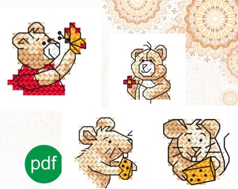 2 mice and 2 bears digital cross stitch patterns for keyring