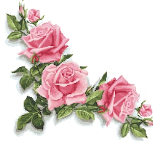 Schema punto croce per tovaglia con rose rosa: disegno floreale 3D (file scaricabili in PDF e HKS)