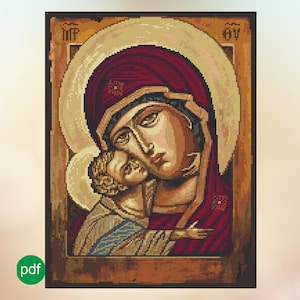 May include: A cross-stitch pattern of a religious icon depicting the Virgin Mary holding the baby Jesus. The icon is framed in a brown wooden frame with the words "MP" and "OY" in the top corners.