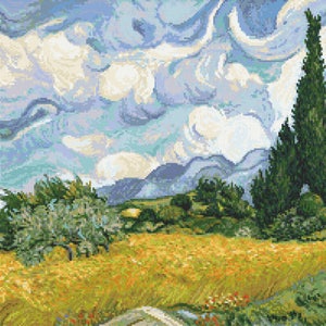 Puede incluir: Una pintura de un paisaje con un gran ciprés verde oscuro en primer plano. El cielo es azul y blanco en espiral, y hay colinas en la distancia. El campo en primer plano es de un amarillo brillante.