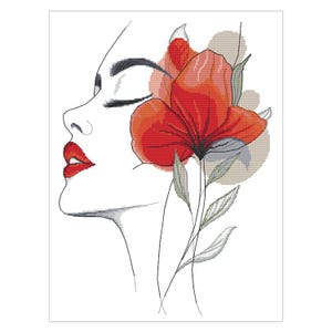 Peut inclure: Un dessin au trait noir et blanc d'un visage de femme avec une fleur de pavot rouge derrière l'oreille. La fleur a un centre blanc et est partiellement cachée par ses cheveux.
