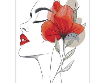 Kruissteekpatroon pdf - Vrouw met een bloem II ,pdf,.hks- smartphonepatroon, patroon om direct te downloaden.