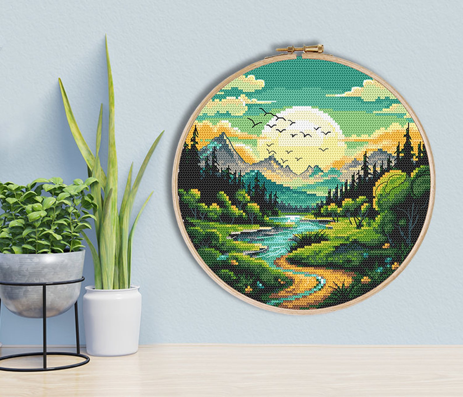 Landscape Cross Stitch Pattern PDF - Mountain Valley, Sunset Over the ...