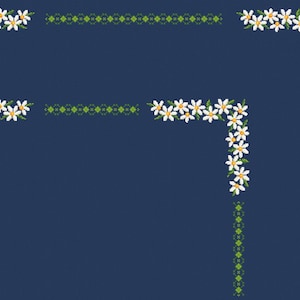 Pode incluir: Um fundo azul escuro com uma borda de margaridas brancas. As margaridas são dispostas em um design de canto com um padrão repetitivo de folhas verdes.