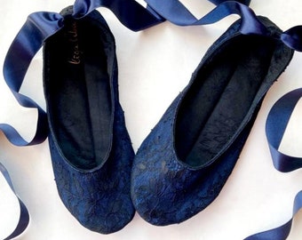 Dark blue Ballet pumps in black lace with satin ribbons Handmade Ballet flats Matched to the dress shoes Women ballet flats Wedding flats