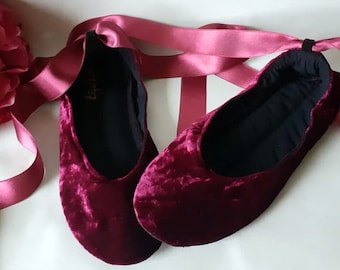 Dark Red Velvet Ballet Pumps with Satin Ribbons, Handmade Low Heel Slippers