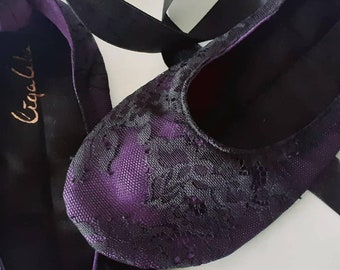 Black Lace Ballet flats in dark purple Customize yourself shoes Handmade Ballet pumps with satin ribbons Made to order by LigaSlippers