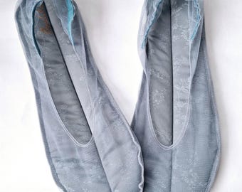 Gray Tulle Ballet Flats, Handmade Leather Sole Shoes, Customizable