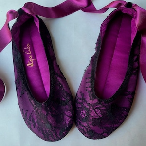 Fuchsia color Ballet Flats with satin ribbons Purple Lace up shoes Purple Wedding shoes Wide fit Ballerinas Big size shoes Low heel shoes