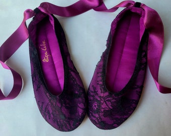 Fuchsia color Ballet Flats with satin ribbons Purple Lace up shoes Purple Wedding shoes Wide fit Ballerinas Big size shoes Low heel shoes