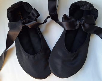 Black Satin Ballet Flats with Ribbons - Handmade Ballerina Shoes