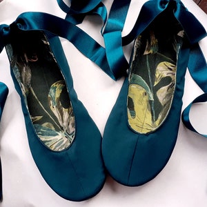 Beautiful dark green satin ballet flats and slip ons with satin ribbons Low heel ballerina shoes Large size shoes Wide fit Ballerinas