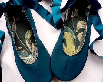 Beautiful dark green satin ballet flats and slip ons