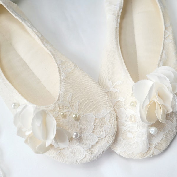 Champagner Elfenbein Spitze Hochzeit Ballerinas Handgemachte Hochzeitsschuhe abgestimmt Kleid Made to order Personalisieren Sie selbst Hochzeit Ballerinas