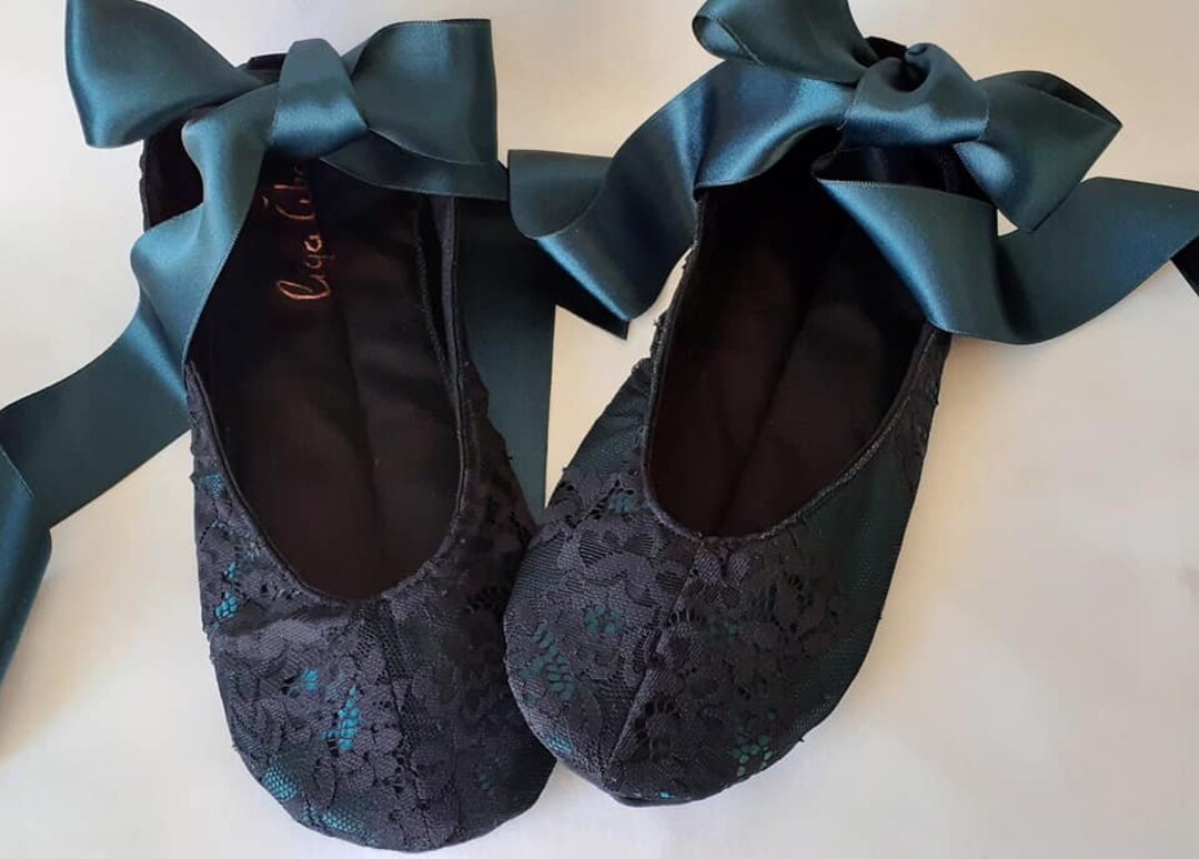 Black Lace Ballet Flats in Aeruginous With Satin Ribbons Etsy