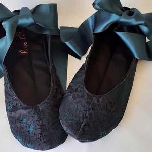 Black lace Ballet flats in aeruginous with satin ribbons Customize yourself ballet flats Indoor shoes Handmade Shoes matched to dress