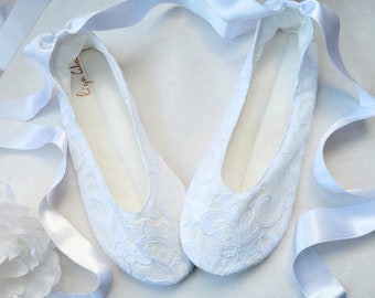 Snow white lace wedding ballet flats Ivory lining Wedding shoes with last name and wedding date signature Customize yourself wedding shoes