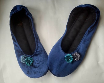 Dark blue velvet Ballet flats Made to order shoes embroidered with beads Velvet ballet pumps Dark blue shoes Customizable shoes with ribbons