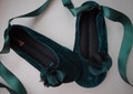 Emerald Green Velvet Ballet Flats, Satin Ribbon Slippers
