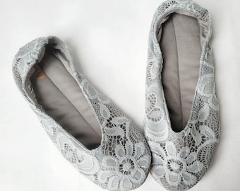 Gray Lace Ballet flats with silver Satin Ribbons Made to order Shoes Matchet to dress Grey Ballet flats Customize yourself ballet flats