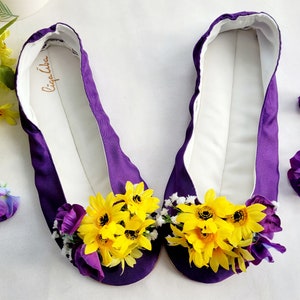 Pink Wedding shoes with flowers matched to wedding bouquet Ballet flats with sunflowers Ballet flats made to order Low heel wedding flats