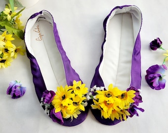 Handmade Sunflower Wedding Ballet Flats, Floral Bridal Shoes