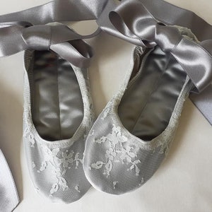Silver lace Princess Ballet Flats with Satin Ribbons Embroidered with beads. Bride, little bridesmaid shoes Ballet pumps Wedding shoes