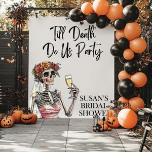 Halloween Bachelorette Til Death Do Us Party Bachelorette Party Banner Halloween Bachelorette Personalized Tapestry Skeleton Bridal