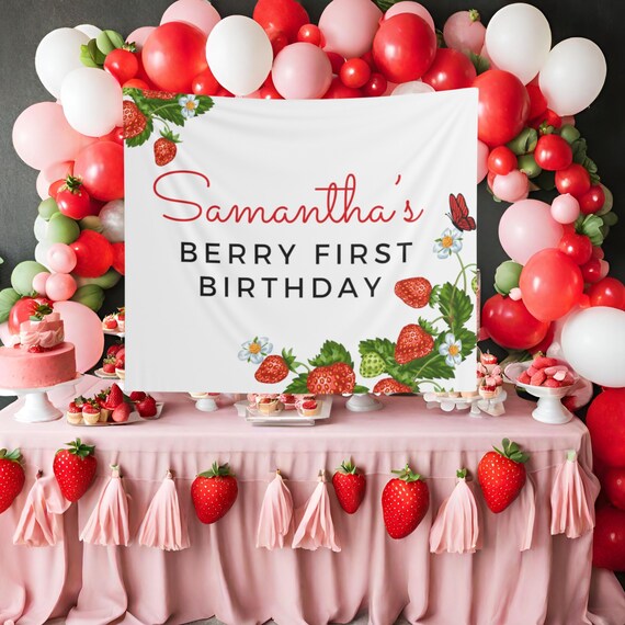 Wonmelody Berry 1st Birthday Decor: Blueberry & Strawberry Theme With Backdrop, Cake Toppers, Balloons & More For Girl's 1st Birthday