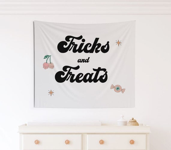 Tricks and Treats Backdrop Hippie Halloween Retro Halloween Backdrop Halloween Party Decor Cute Halloween Trick Or Treat Sign Il_570xn