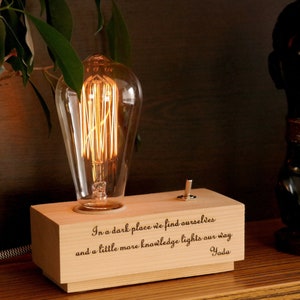 Personalized Wood Edison Lamp: Rustic Desk Light, Custom Quote