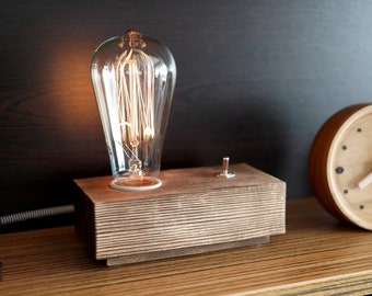 Rustic Spruce Wood Edison Lamp: Dimmable Bedside Desk Light