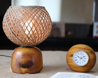 Handmade lampshade and clock set; Wooden lampshade and table clock set; Wooden Desk clock and lampshade; Rustic lampshade and Clock