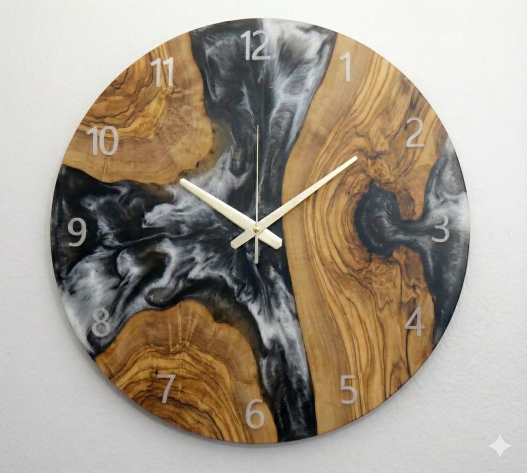 Olive Wood Epoxy Clock | Black White Resin River Wall Clock | Large ...