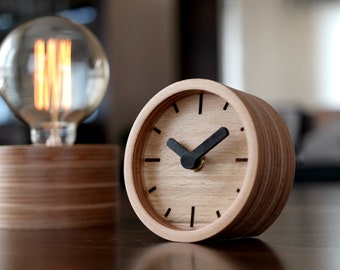 Handmade Birch Plywood Round Table Clock - 4.33 Inch Diameter