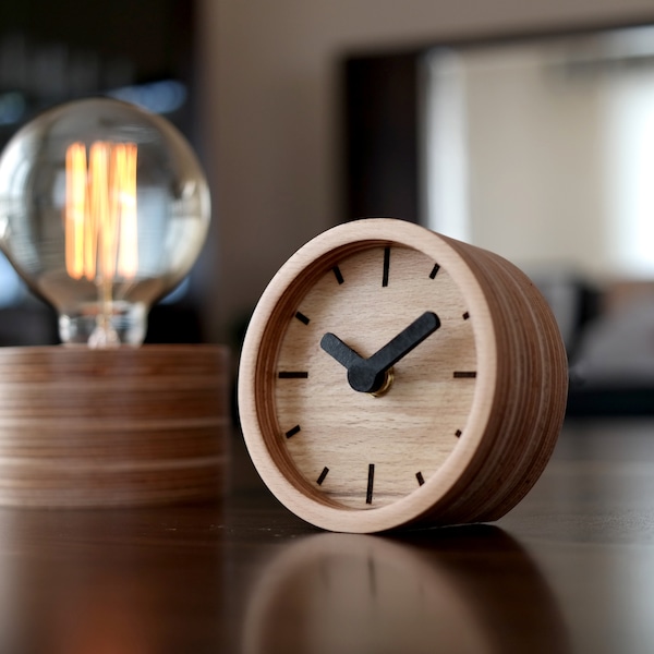 Handmade Birch Plywood Round Table Clock - 4.33 Inch Diameter