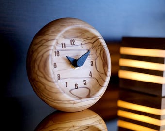 Handmade Olive Wood Desk Clock – Unique Natural Wooden Timepiece – Modern Rustic Office Decor