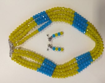 Handmade Blue and Yellow Bead Necklace and Earring set