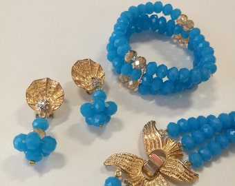 Handmade Aqua Blue and Gold Bead Jewellery set