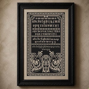 May include: A framed cross-stitch sampler featuring black gothic-style alphabet letters in both uppercase and lowercase, arranged in rows against a light background. The design includes intricate floral and scrollwork borders in black thread.