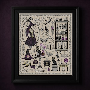 May include: A framed cross-stitch sampler featuring a witch, black cats, a bookshelf, a cauldron, and various occult symbols in black, purple, and gold thread on a beige fabric background, all enclosed within a simple black rectangular frame.