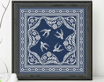 Birds monochrome cross stitch pattern Swallows cross stitch Antique style xstitch chart Floral leaves ornament embroidery sampler #265