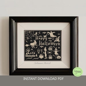 Halloween sampler cross stitch pattern Monochrome primitive cross stitch Halloween embroidery Witch Pumpkin Spider Bats xstitch chart #S170