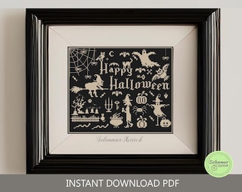 Halloween sampler cross stitch pattern Monochrome primitive cross stitch Halloween embroidery Witch Pumpkin Spider Bats xstitch chart #S170