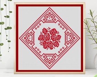 Roses pillow sampler counted cross stitch pattern Monochrome flowers cushion cover embroidery design Floral square xstitch chart PDF #466