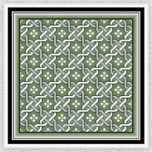 May include: A framed cross-stitch pattern with a geometric design in shades of green, gray, and white. The pattern is intricate and symmetrical, with a repeating knot-like motif. The frame is black and white, and the text "INSTANT DOWNLOAD PDF" is at the bottom.