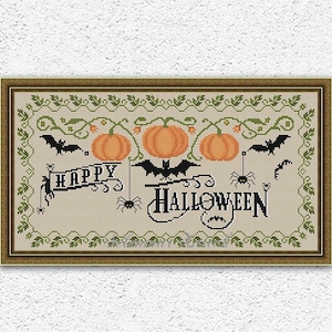 Happy Halloween cross stitch pattern Pumpkin sampler embroidery design Spooky Bats Spiders Black cat counted xstitch chart #S315*